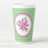 甘い白いポルカドットピンクの花後半マグカップ カフェラテマグ (正面)