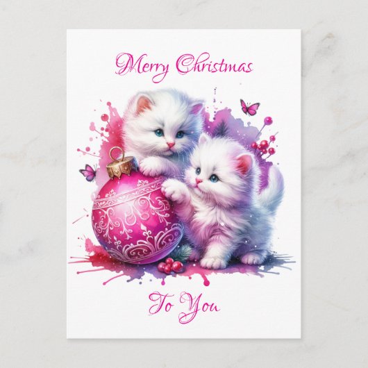 甘い白い子猫のクリスマスパーソナライズされた シーズンポストカード (正面)