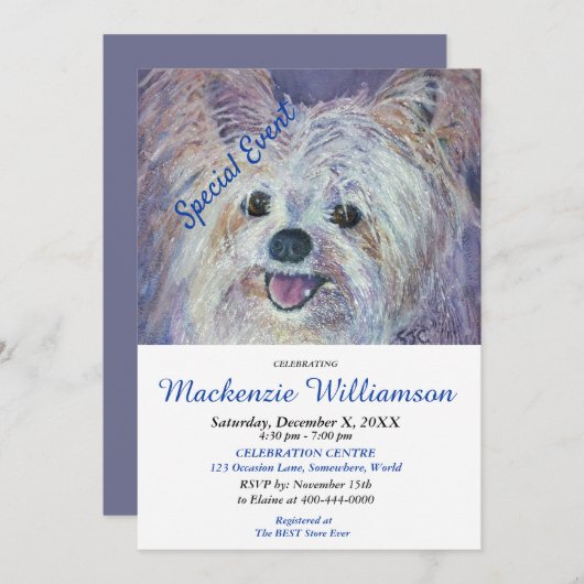 甘い白ヨークシャーテリア子犬の願いハッピーバースデー 招待状 (正面/裏面)