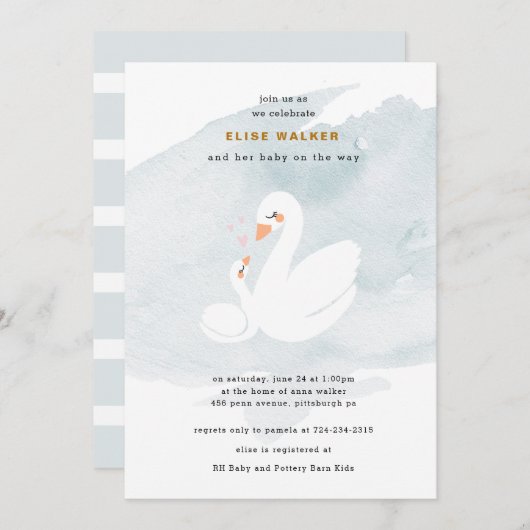 甘い白鳥のベビーシャワー、白鳥のプリンセス 招待状 (正面/裏面)
