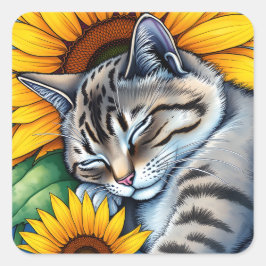 甘い眠りの灰色の猫とひまわり スクエアシール