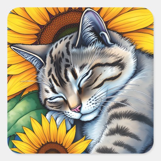 甘い眠りの灰色の猫とひまわり スクエアシール (正面)