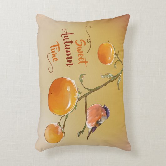 甘い秋のオレンジ柿の果実と鳥 アクセントクッション (正面(垂直))