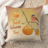 甘い秋のオレンジ柿の果実と鳥 クッション (ブランケット)