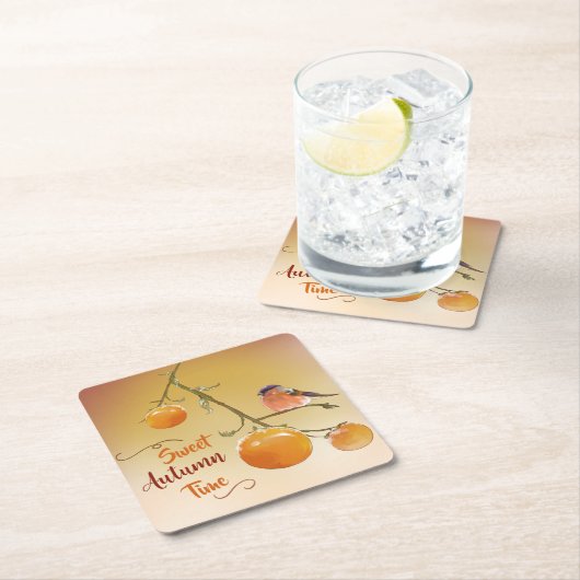 甘い秋のオレンジ柿の果実と鳥 スクエアペーパーコースター (インサイチュ)