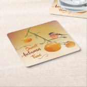 甘い秋のオレンジ柿の果実と鳥 スクエアペーパーコースター (アングル)