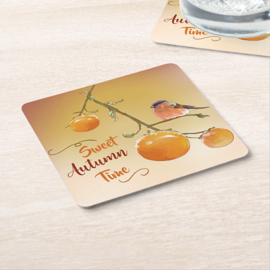 甘い秋のオレンジ柿の果実と鳥 スクエアペーパーコースター (アングル)