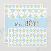 甘い空色のアーガイルそれは男の子のベビーシャワーです 招待状 (正面/裏面)