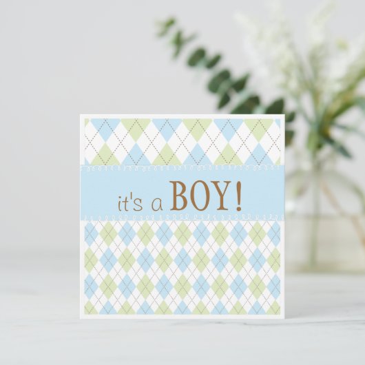 甘い空色のアーガイルそれは男の子のベビーシャワーです 招待状 (スタンド正面)