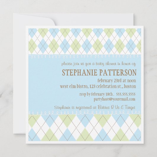 甘い空色のアーガイルそれは男の子のベビーシャワーです 招待状 (裏面)