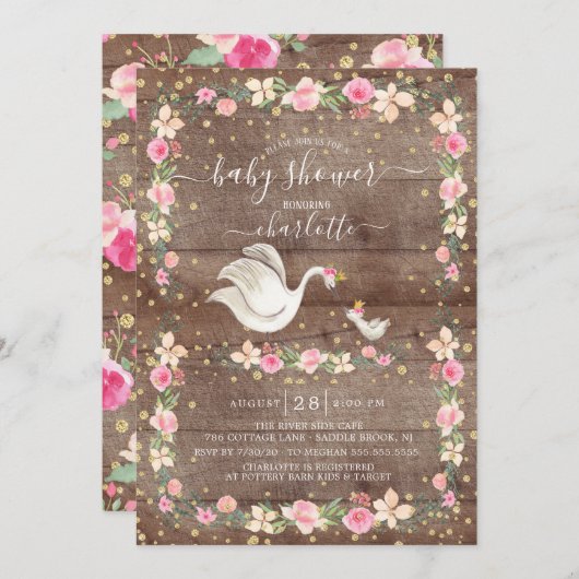 甘い素朴ママ&ベビースワンベイビーシャワー 招待状 (正面/裏面)