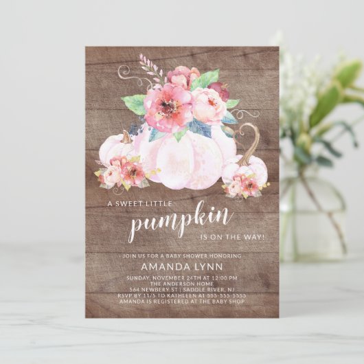 甘い素朴小さなかぼちゃの女の子の赤ちゃんシャワー 招待状 (スタンド正面)