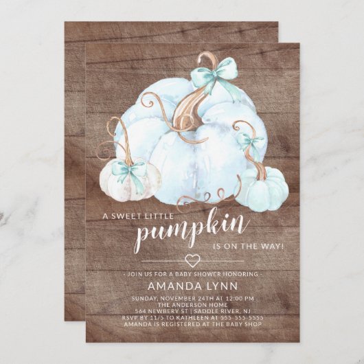 甘い素朴小さなかぼちゃ男の子ベビーシャワー 招待状 (正面/裏面)