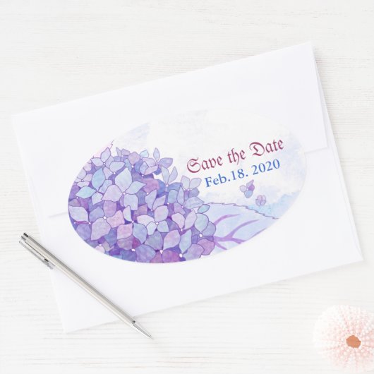 甘い紫あじさい結婚式の日付を保存 楕円形シール (封筒)