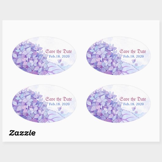 甘い紫あじさい結婚式の日付を保存 楕円形シール (シート)