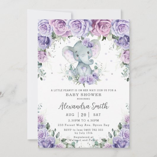 甘い紫のフローラ愛らしい象の赤ちゃんシャワー 招待状 (正面)