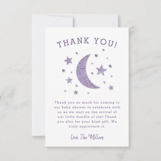 甘い紫の月の星のベビーシャワー サンキューカード (正面)