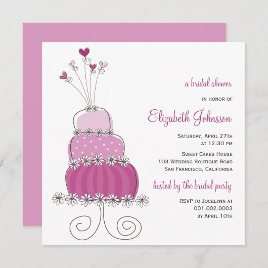 甘い紫色のウエディングケーキのブライダルシャワーの招待 招待状 (正面/裏面)