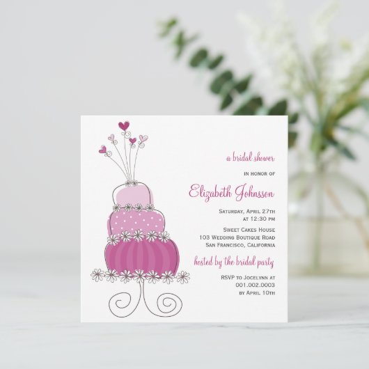 甘い紫色のウエディングケーキのブライダルシャワーの招待 招待状 (スタンド正面)