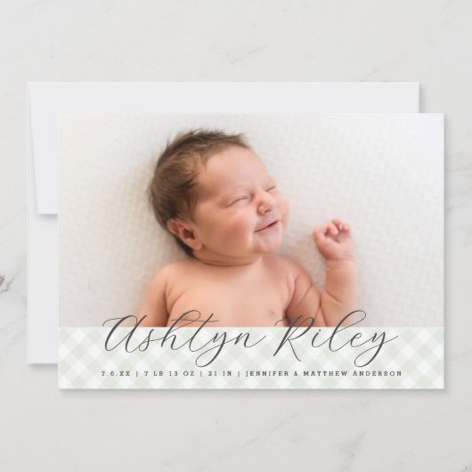 甘い緑のギンガムパターン誕生のお知らせ 案内状 (正面)