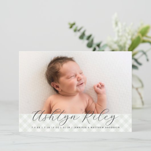 甘い緑のギンガムパターン誕生のお知らせ 案内状 (スタンド正面)