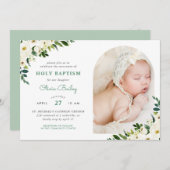 甘い緑のフローラベビーガール写真バプテスマ 招待状 (正面/裏面)