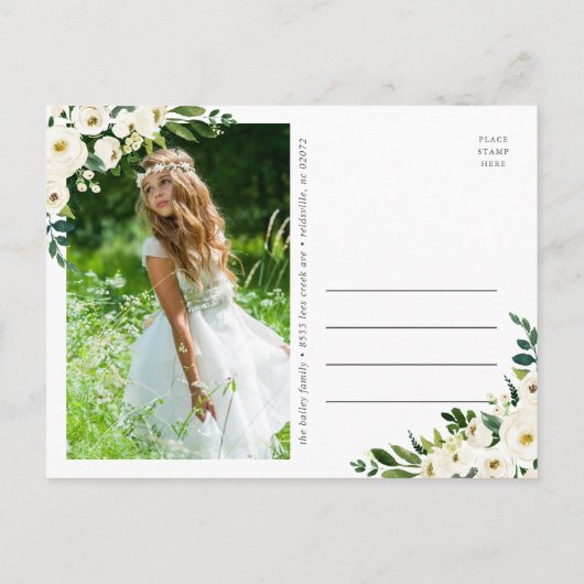 甘い緑の写真第1聖餐式招待状 案内ポストカード (裏面)