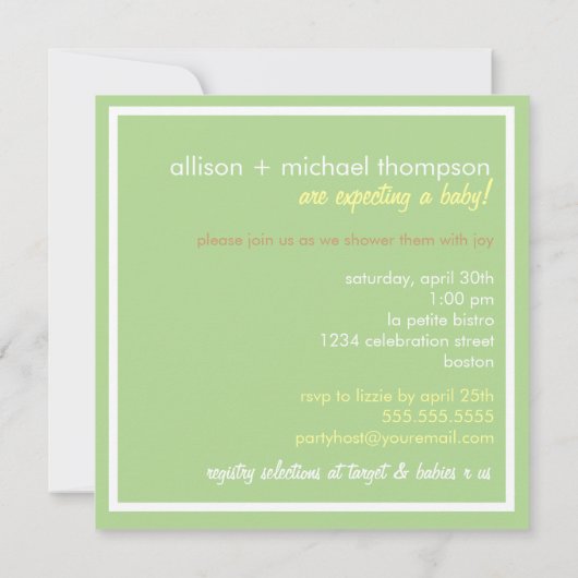 甘い緑の可動装置はベビーシャワーの招待状をつなぎます 招待状 (裏面)