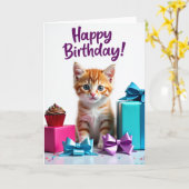 甘い縞模様の子猫の誕生日カード カード (黄色い花)
