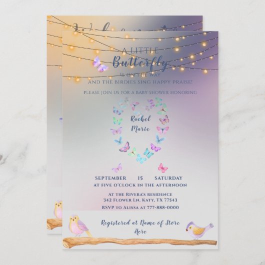 甘い美しい蝶のハート·ベイビーシャワー 招待状 (正面/裏面)