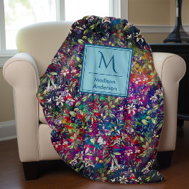 甘い花と葉赤い黒モノグラムフローラ フリースブランケット