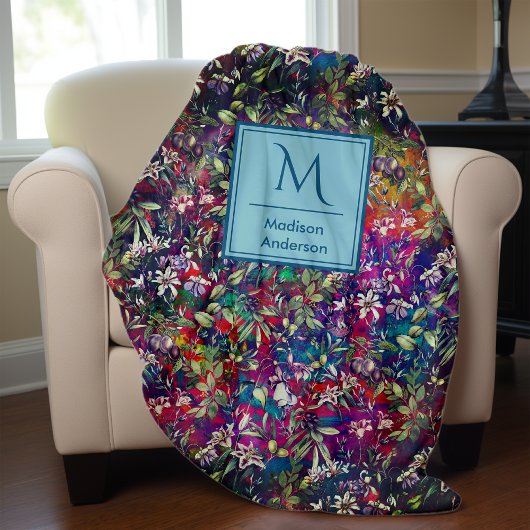 甘い花と葉赤い黒モノグラムフローラ フリースブランケット