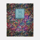 甘い花と葉赤い黒モノグラムフローラ フリースブランケット (正面)