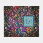 甘い花と葉赤い黒モノグラムフローラ フリースブランケット (正面(横))