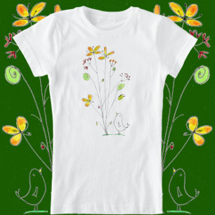 甘い花と鳥の水色とインクデザイン Tシャツ