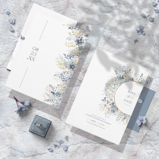 甘い花の模様ほこりっぽいブルー金ゴールドID1045 セーブザデート