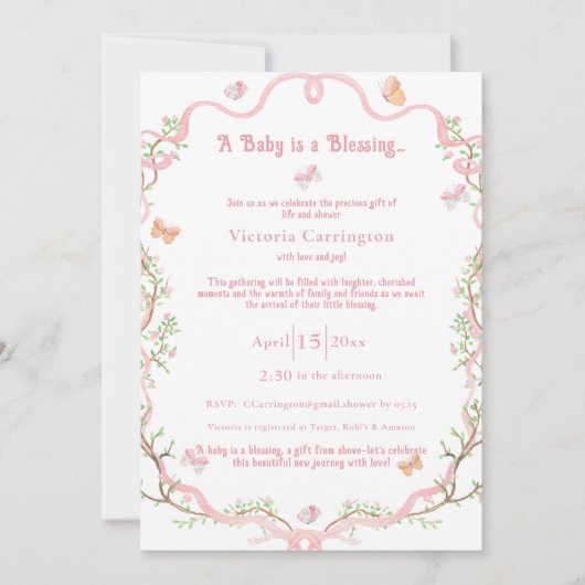 甘い花の水の色の赤エレガントちゃんシャワー 招待状 (正面)