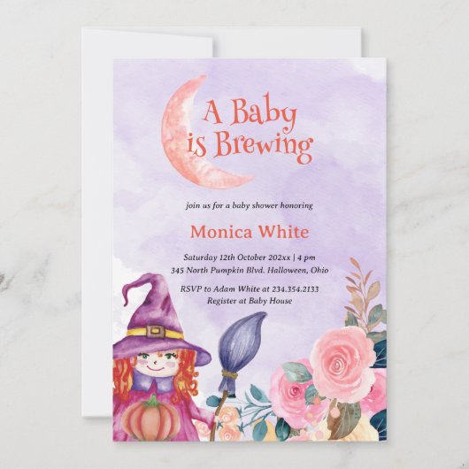 甘い花の魔女カルドロンベビー醸造シャワー 招待状 (正面)