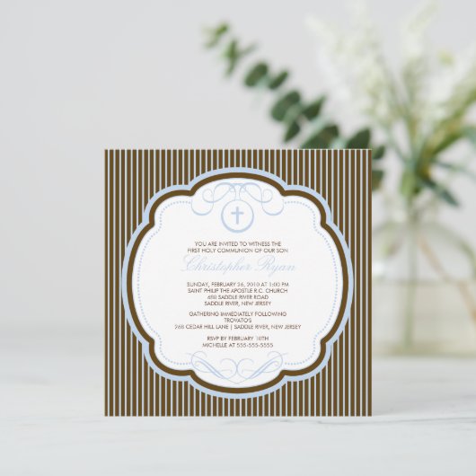 甘い茶色がかった鋼色の十字の男の子の聖餐の招待状 招待状 (スタンド正面)