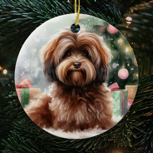 甘い茶色のハバナ犬のクリスマス セラミックオーナメント