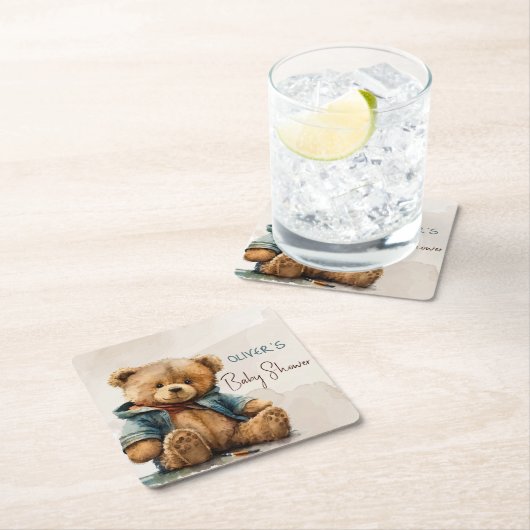 甘い茶色の水の色テディベア赤ちゃんシャワー スクエアペーパーコースター (インサイチュ)