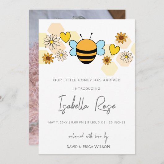 甘い蜂蜜かわいい新生児写真誕生のお知らせ 案内状 (正面/裏面)