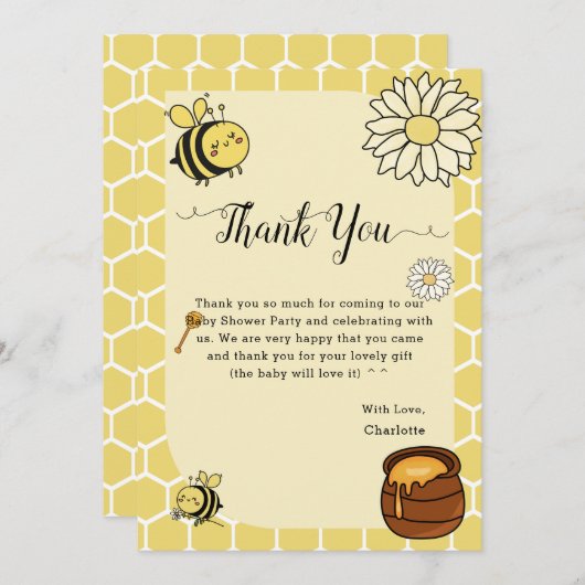 甘い蜂蜜の赤ちゃんシャワーが付いたかわいいハチ サンキューカード (正面/裏面)