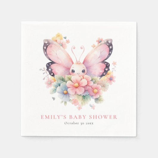 甘い蝶と花模様ピンクの赤ちゃんシャワー スタンダードカクテルナプキン (正面)
