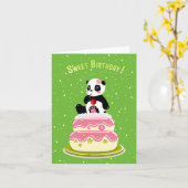 甘い誕生日/ケーキとさくらんぼが付いたかわいいパンダ カード (黄色い花)