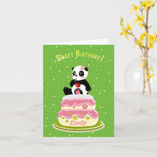 甘い誕生日/ケーキとさくらんぼが付いたかわいいパンダ カード