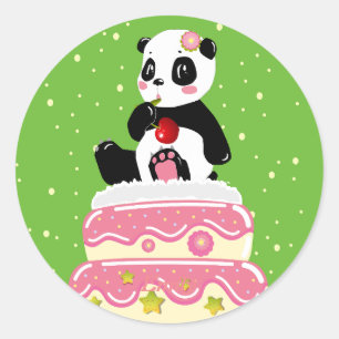 甘い誕生日/ケーキとさくらんぼが付いたかわいいパンダ ラウンドシール
