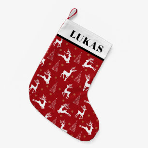 甘い赤い白いトナカイの森の木のクリスマス スモールクリスマスストッキング
