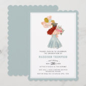 甘い赤い頭の女の子の水色卒業 招待状 (正面/裏面)