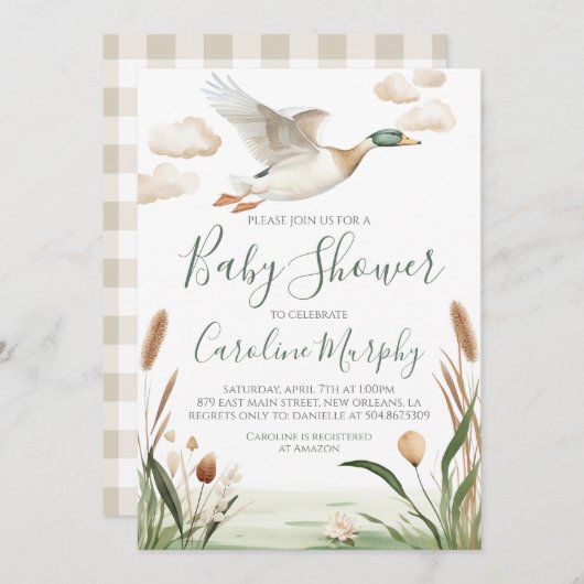 甘い赤ちゃんシャワーマラードアヒルのギンガム 招待状 (正面/裏面)